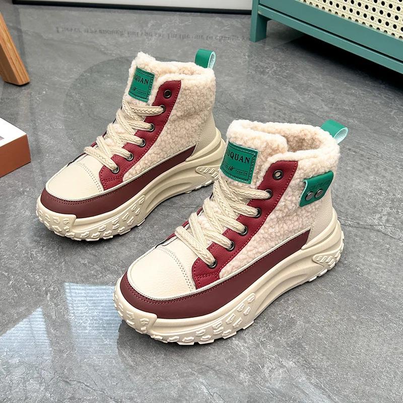 Invierno Cálido Lana de Cordero Estudiantes Zapatos de Algodón Marea Casual Planos Zapatillas PU Felpa Botines al Tobillo con Cordones para Mujer Botas de Nieve para Señoras