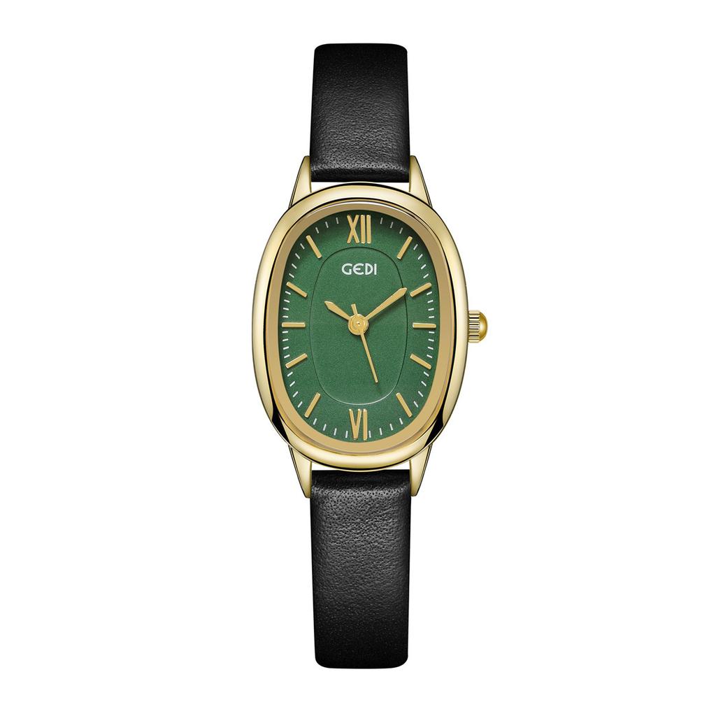 Small Cocoa Oval Disc Niche Light Luxury Simple Retro High-End Small Leather Quartz Watch