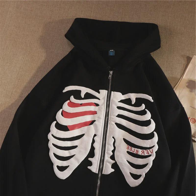 Women's Loose Skull Print Hooded Cardigan Sweatshirt with Zipper - Autumn/Winter Trendy Long-Sleeved Jacket