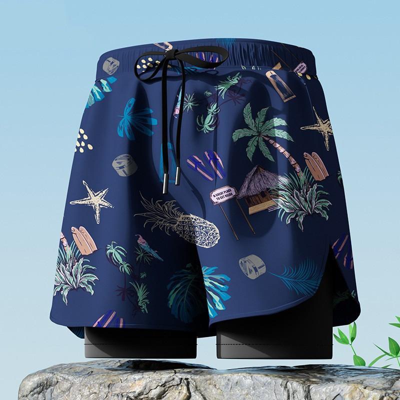 Mens Double-Layered Board Shorts Swim Trunks Quick-Dry Anti-Chafe Flat Front Beach Pool Surfing