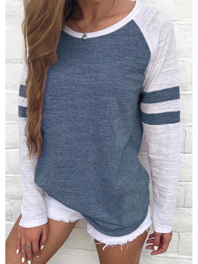 Multicolor Stripe Patchwork Long Sleeve Round Neck T-Shirt