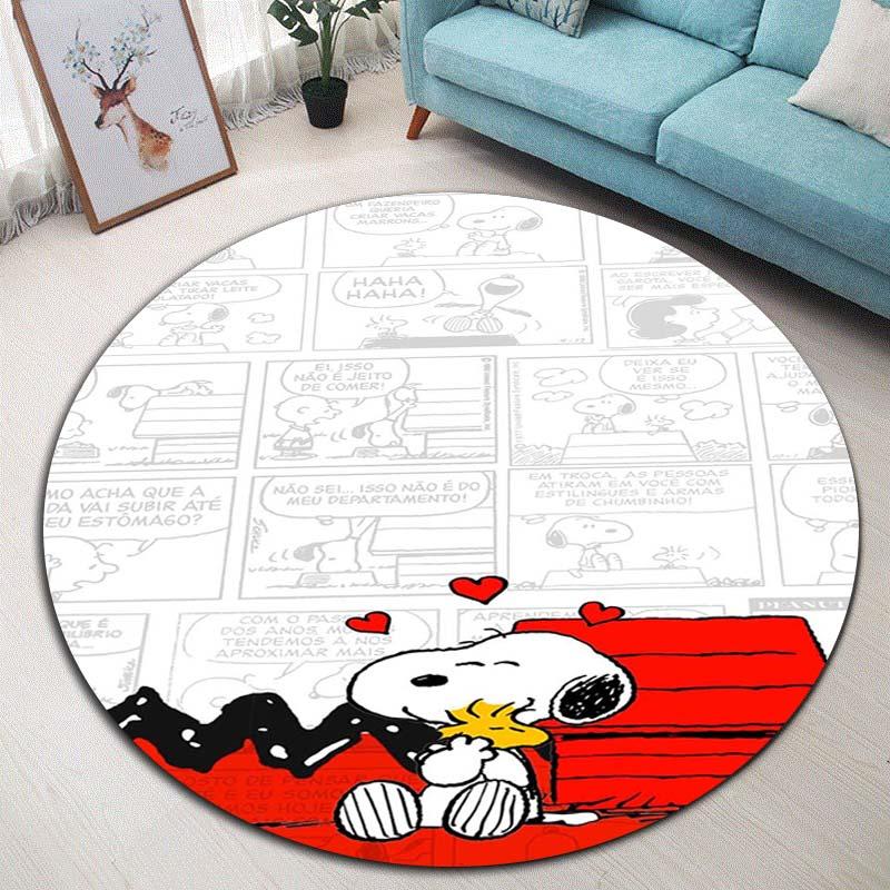 Kawaii Snoopy Round Rug Cute Cartoon Printed Circular Carpet Anti-Slip Floor Mat for Kids Room Nursery Decor