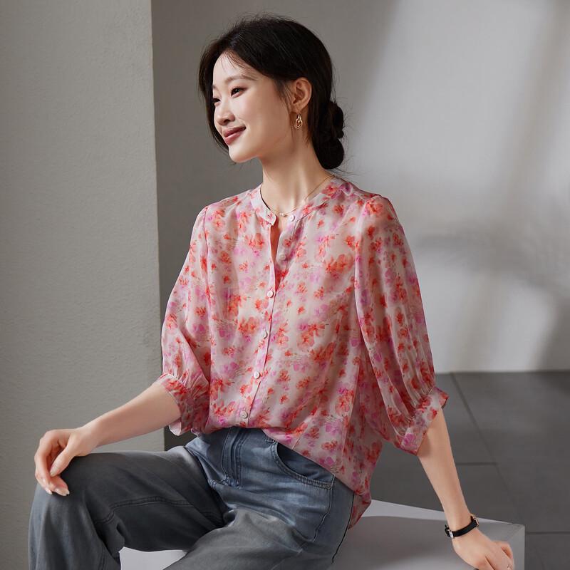 SOFSIL 2026 Summer Elegant Printed Silk Seven-Sleeve Shirt