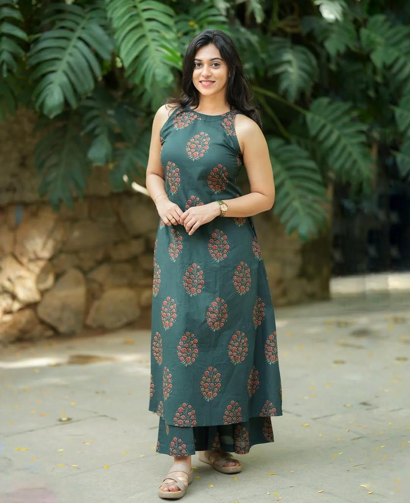 Dámský partyový designový set Kurta a kalhoty Indická Bollywoodová tunika Kurti Bavlna s potiskem