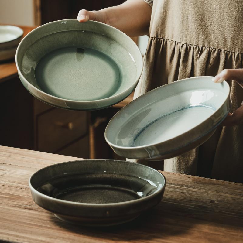 Kiln Ceramic Bowl Retro Style Tableware Shallow Bowl Salad Bowl Household Dish Bowl Large Bowl Japanese Noodle Bowl Thick Bottom Bowl