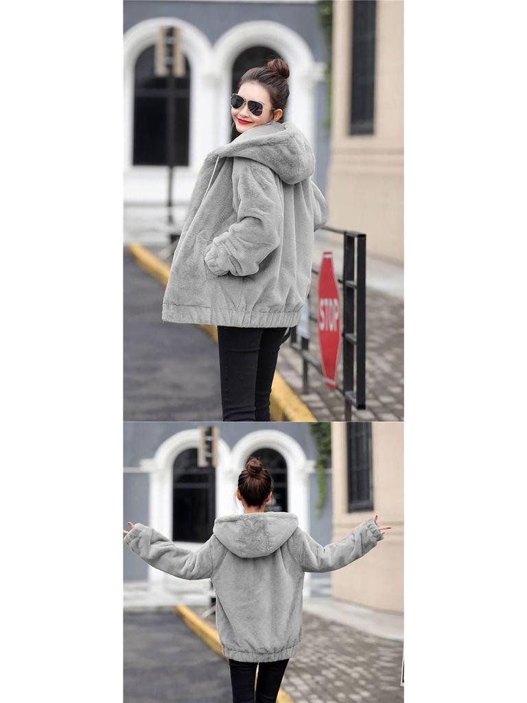 Stil Coreean Flanel 2025 Palton de Iarnă cu Glugă pentru Femei - Gros, Plușat, Mânecă Lungă, Croială Lejeră