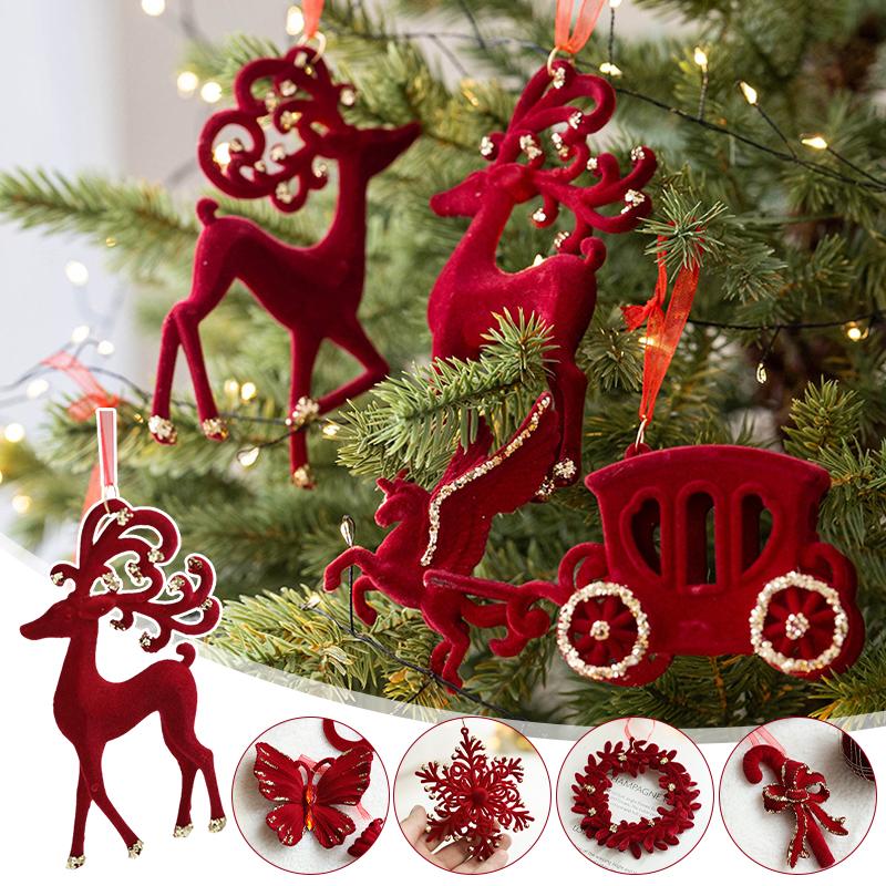 Red Flocking Christmas Bow Wreath Bell Christmas Tree Snowfall Elk Pendant Hanging Ornament Navidad 2025 Noel Home Party Decor