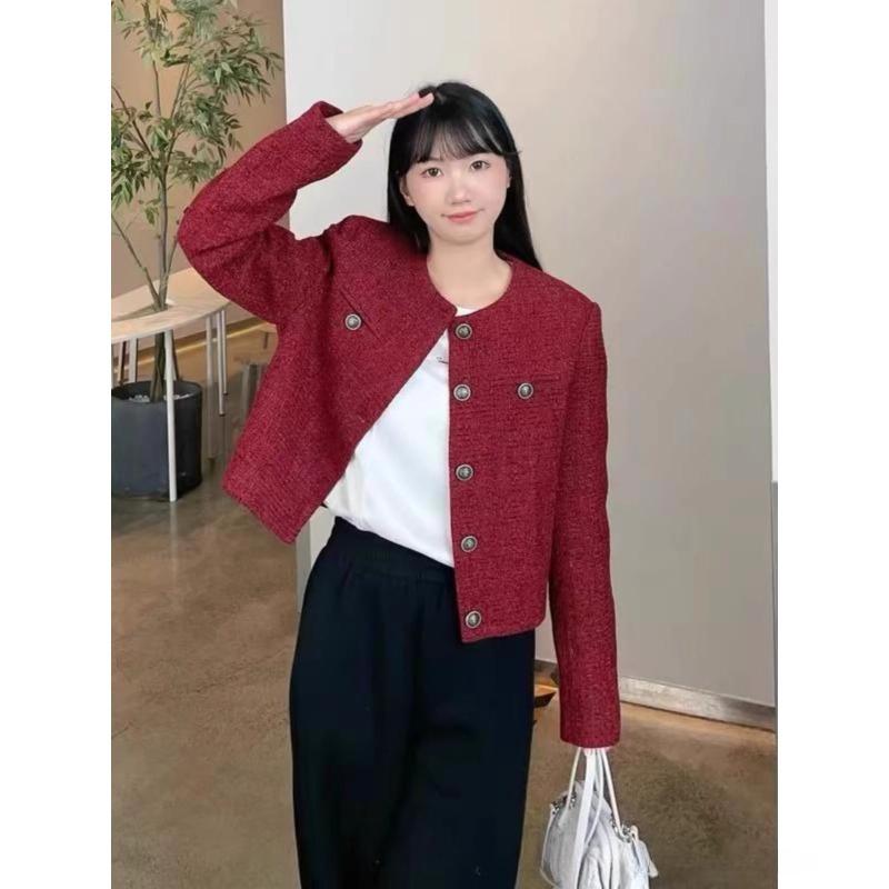 

Women s Navy Tweed Cropped Jacket, Round Neck Button Down Short Coat Elegant Casual Outerwear XL бордовий