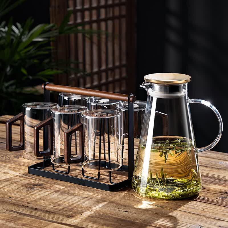 Chinese Style Heat-Resistant Glass Tea Set with Wooden Handles