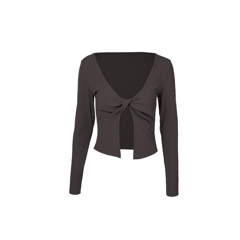 

Женская куртка для йоги с V-образным вырезом и узлом-скруткой - Приталенная, подчеркивающая фигуру, легко надевается и снимается, с длинным рукавом, универсальный фитнес-топ. Large хаки