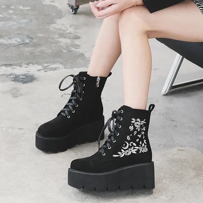 Stivali Piattaforma con Fiori Chunky Punk Pelle Scamosciata Scarpe Gotica da Donna Nightclub Stringati Scarpe Piattaforma