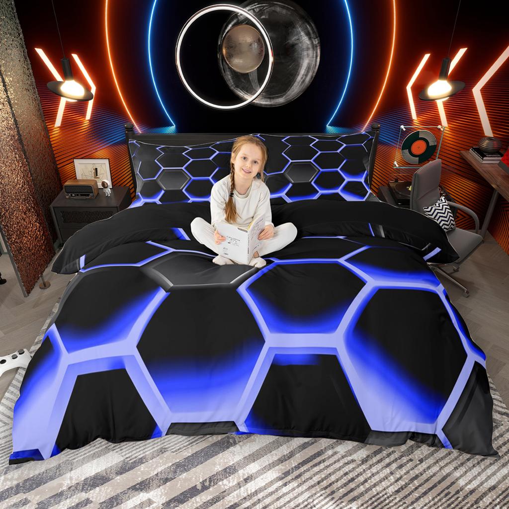 Homewish Gradient Voštinový povlak na přikrývku Set 2ks/3ks, Neonové světla Šestiúhelníkový ložní set, Černý geometrický set povlaku na přikrývku