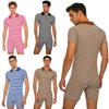 Mens Striped Pajamas Bodysuit Turn Down Collar Button V Neck Short Sleeve Button Crotch Homewear