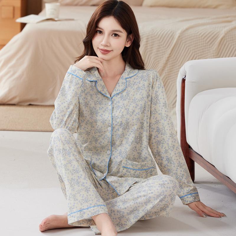 Spring and Autumn New Floral Double Pocket Imitation Cotton Pajamas Loose Large Size Mother Loungewear Long Sleeves Trousers Set
