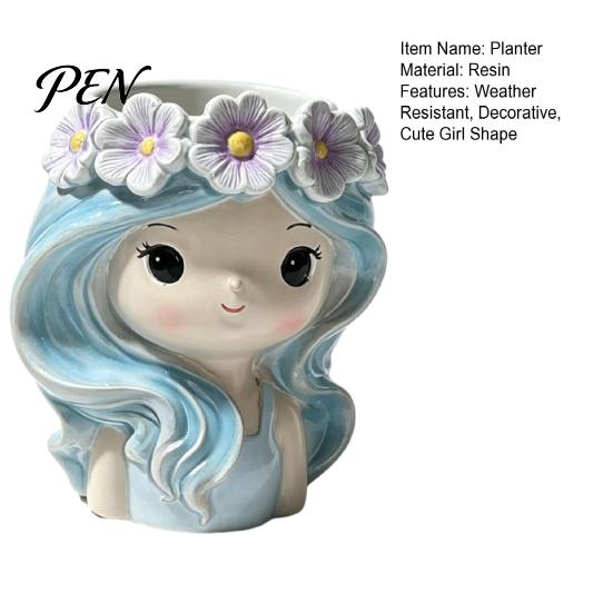 Succulents Planter Pot Cute Girl Planter, Blue Hair Garland Head Unique Resin with Flower Decorative Plant for Cacti Indoor Plants