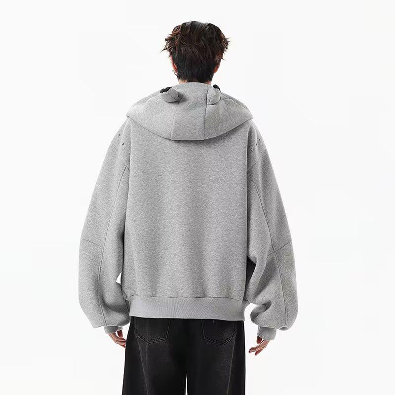 Men's Designer Rivet Patch Doberman Ear Hoodie - Autumn/Winter Trendy Heavyweight Cardigan Jacket