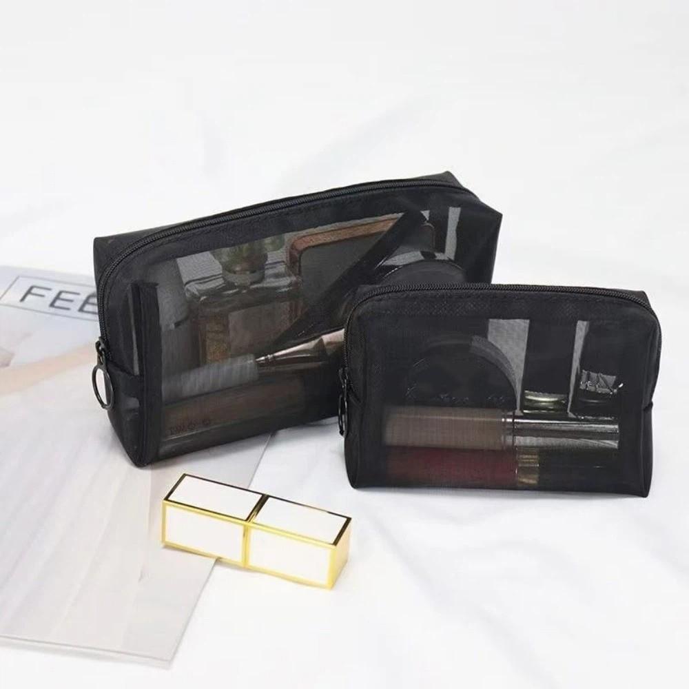New Black Mesh Cosmetic Bag Portable Zipper Closure Toiletry Bag Clear Mesh Multi-functional Makeup Bag Travel Use