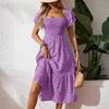 Women's Loose Casual Square Neck Puff Sleeve Floral Dress Long Skirt