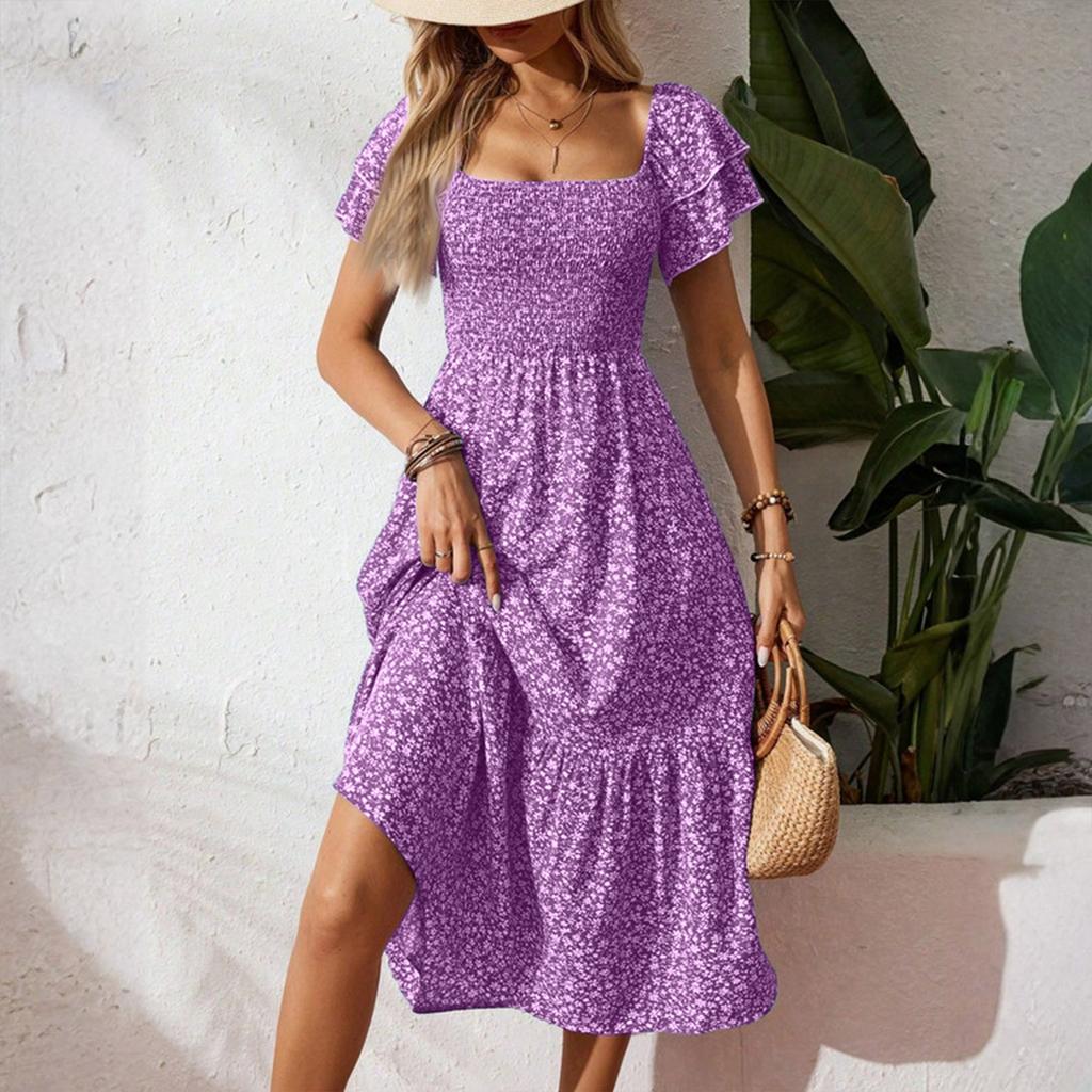 Women's Loose Casual Square Neck Puff Sleeve Floral Dress Long Skirt