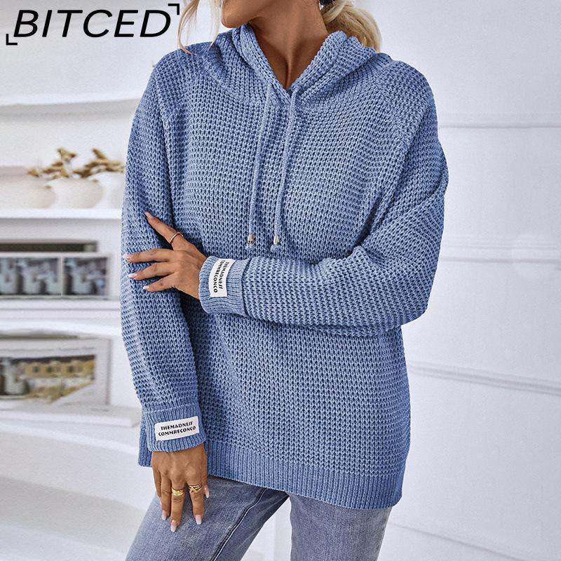 

BITCED Solid Color Women s Pullover Knit Sweater Fall/Winter Hooded Drawstring Sweater L синий