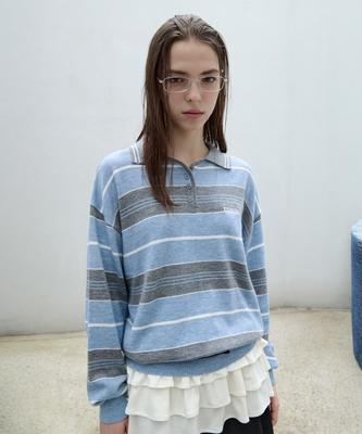 ROLAROLA Alpaca Stripe Collar Knit Blue