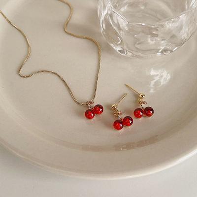 Red Cherry Pendant Necklace Stud Earrings Set Women's Fashion Fruit Necklace Earrings Jewery Set For Party Wedding Girls Gifts
