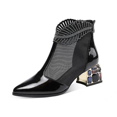 Nouvelles bottes pour femmes à talon moyen, creuses, épaisses, pointues, en filet, sandales à strass, en cuir verni, bottes surdimensionnées en filet pour femmes