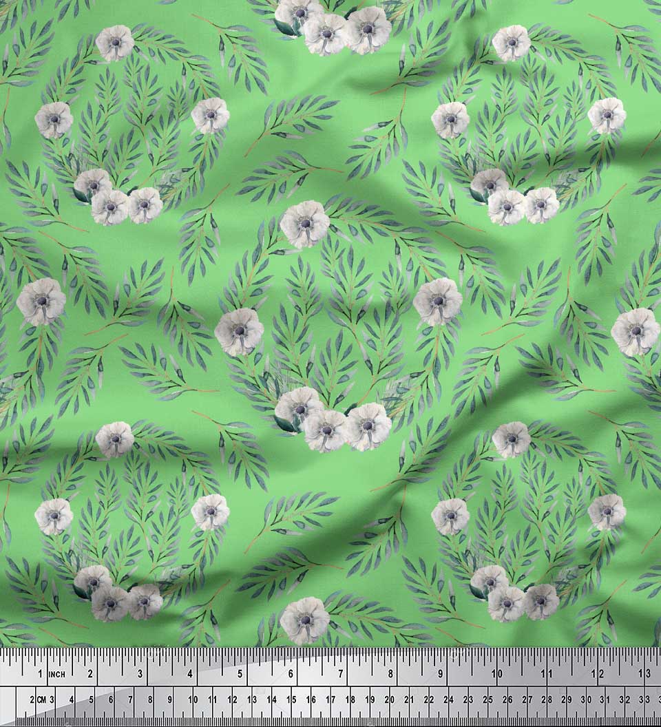 

Soimoi Brown Poly Crepe Fabric Anemone & Leaves Print Швейна тканина метр 42 дюйма 42 Inch Wide - Poly Crepe зелений