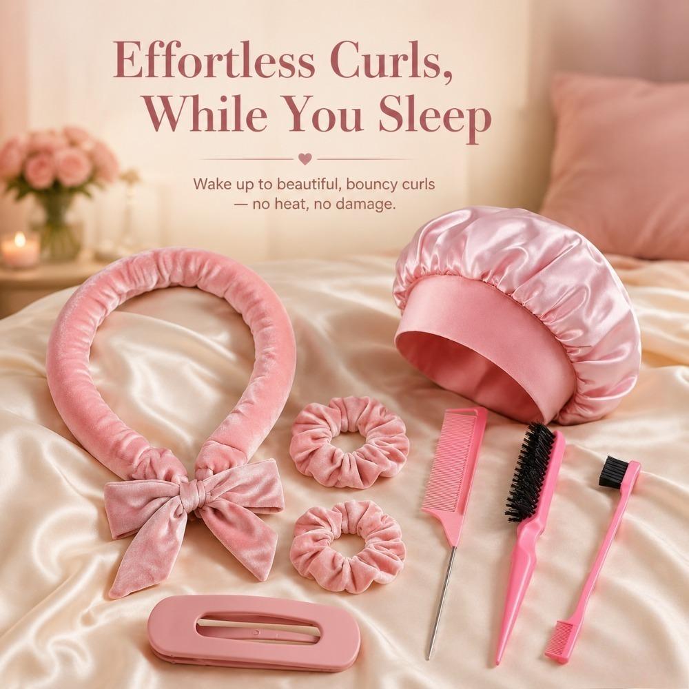 8/5/4 Stück Hitzeloses Lockenwickler-Set Satin-Schlafhaube Keine Hitze Über Nacht Locken Kantenbürste Scrunchies Kamm Schwarzer Geschenk Kamm Styling-Werkzeuge