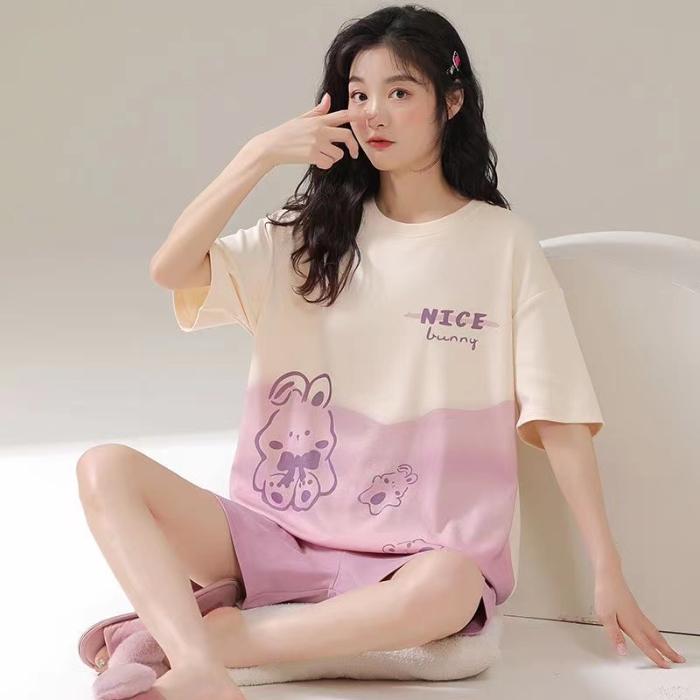 Women's Pajamas Set Summer Cute Cartoon Print Leisure Young Girls Sleepwear Short Sleeve Tops and Shorts Pijamas Women Homewear