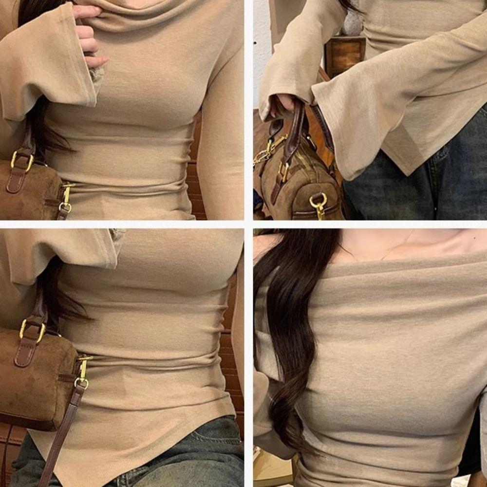 Chic Slanted Shoulder Pullover Slim Fit T Shirts Women Y2k Comfortable Long Sleeve T-shirt  Female
