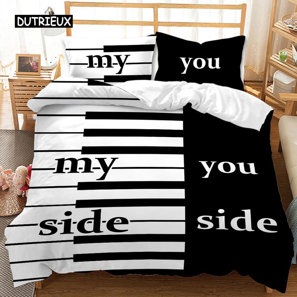 Husă de plapumă alb-negru cuplu set de lenjerie de pat dublu alb-negru partea ei și partea lui husă de plapumă poliester completă queen king