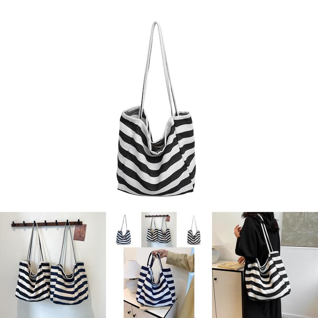 Stylish Korean Ins Color Block Striped Canvas Tote Bag Large Capacity For Shopping