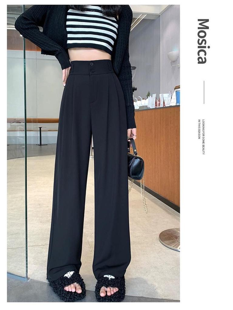 145 High-Waisted Slimming Double-Button Petite Suit Pants for Women - Pear-Shaped, Narrow to Wide-Leg, Casual Spring/Autumn Wear