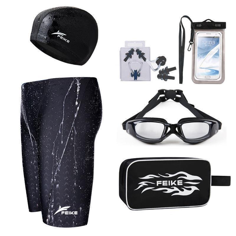 Men’s Quick-Drying Waterproof Swim Trunks with Shark Skin Cap & Goggles Set