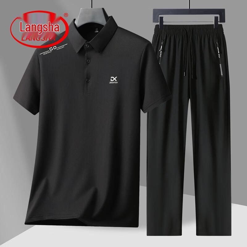 

LangSha Men s Ice Silk Short Sleeve Shorts Set L
