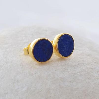 Lapis Lazuli Round Flat Gemstone Stud Earring, 925 Sterling Silver, Yellow Gold Plated, Handmade Jewelry, Small Stud, Gift For Her