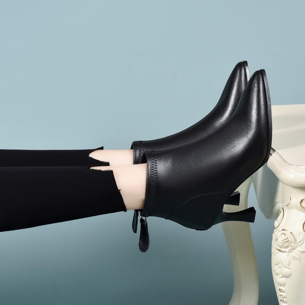 Pointed short boots women's autumn and winter simple temperament fashion boots black thin rear zipper leather boots cotton boots