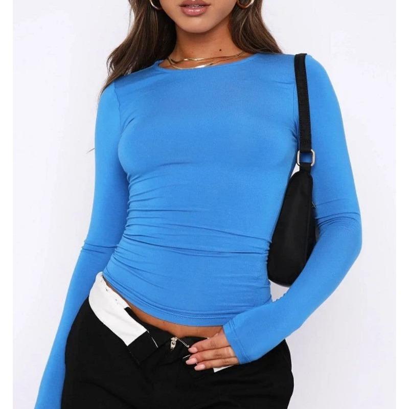 Women's Casual Long Sleeve T-Shirt Spring and Autumn Solid Color Slim Fit Pullover Bottoming Shirt Top