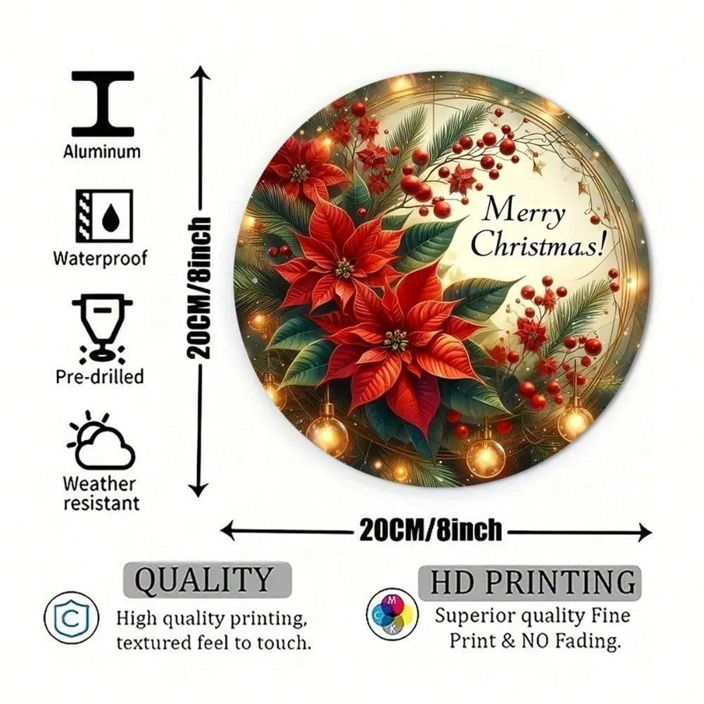 Vintage Merry Christmas Metal Sign 8 Inch Round Aluminum Red Poinsettia Holiday Wall Art Rustic Farmhouse Decor