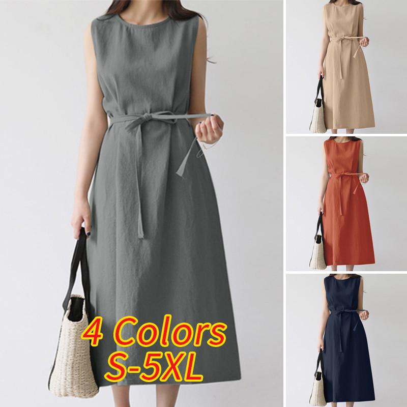 Women's Bohemian Sleeveless Belted Cotton Linen Maxi Dress
