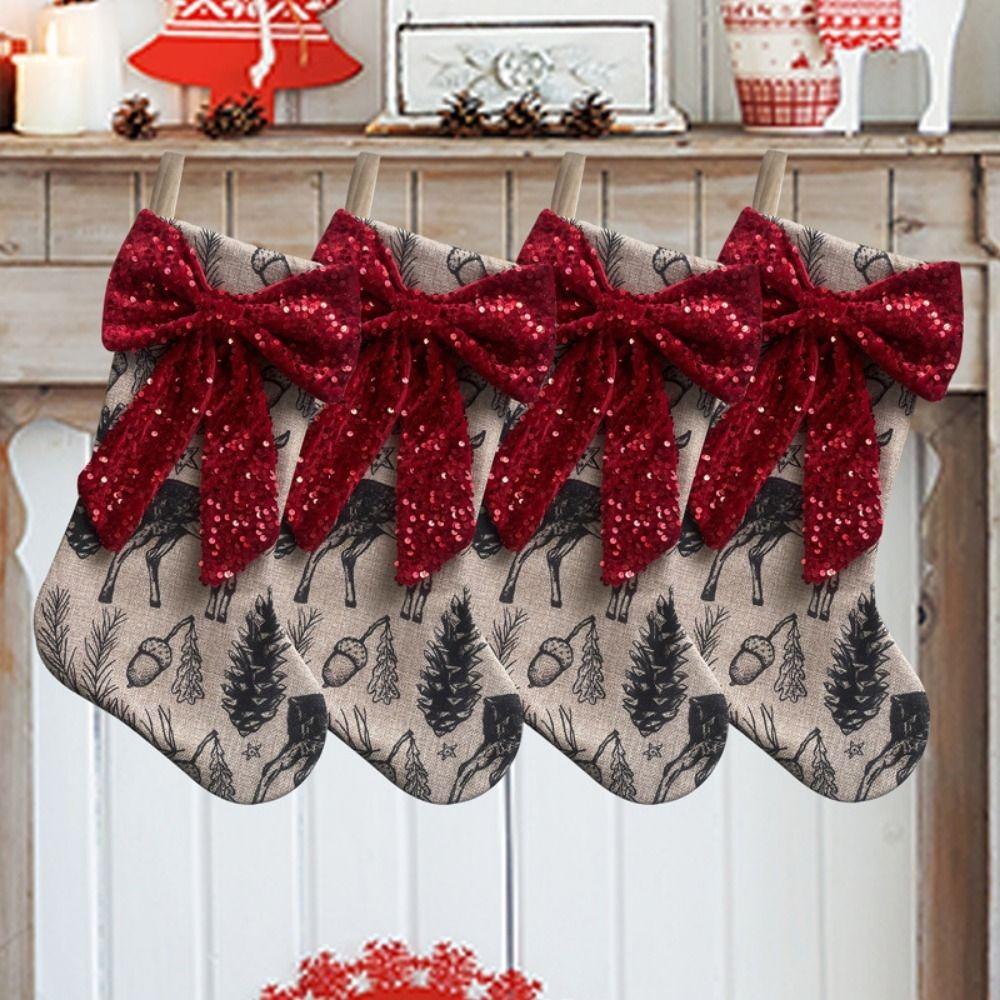 

New Elk Print Christmas Stockings Large with Sequin Bow Present Bag Red Cloth Party Supplies New Year A