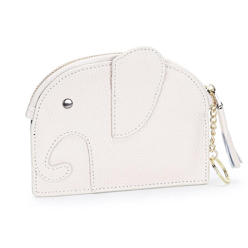 Women's Top Grain Cowhide Mini Coin Purse with Elephant Keychain - Cute, Japanese Style, Real Leather, Super Thin