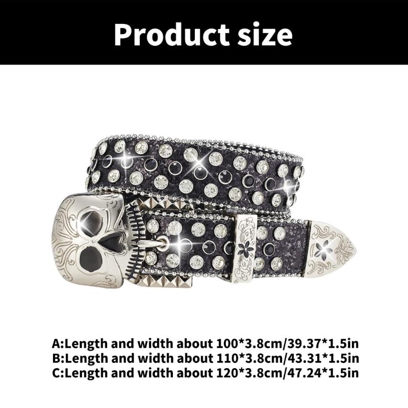 Metal Skull Buckle Belt for Women Men with Rhinestones Studded Sequins Hiphop Belt for Jeans Popular Waist Accessories