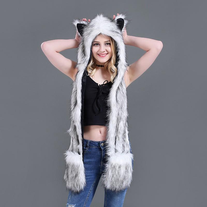 Fellimitat Mütze mit Schal und Handschuhen Set - Niedliches Plüschtier-Motiv Winter Warme Kopfbedeckung Damen Teens