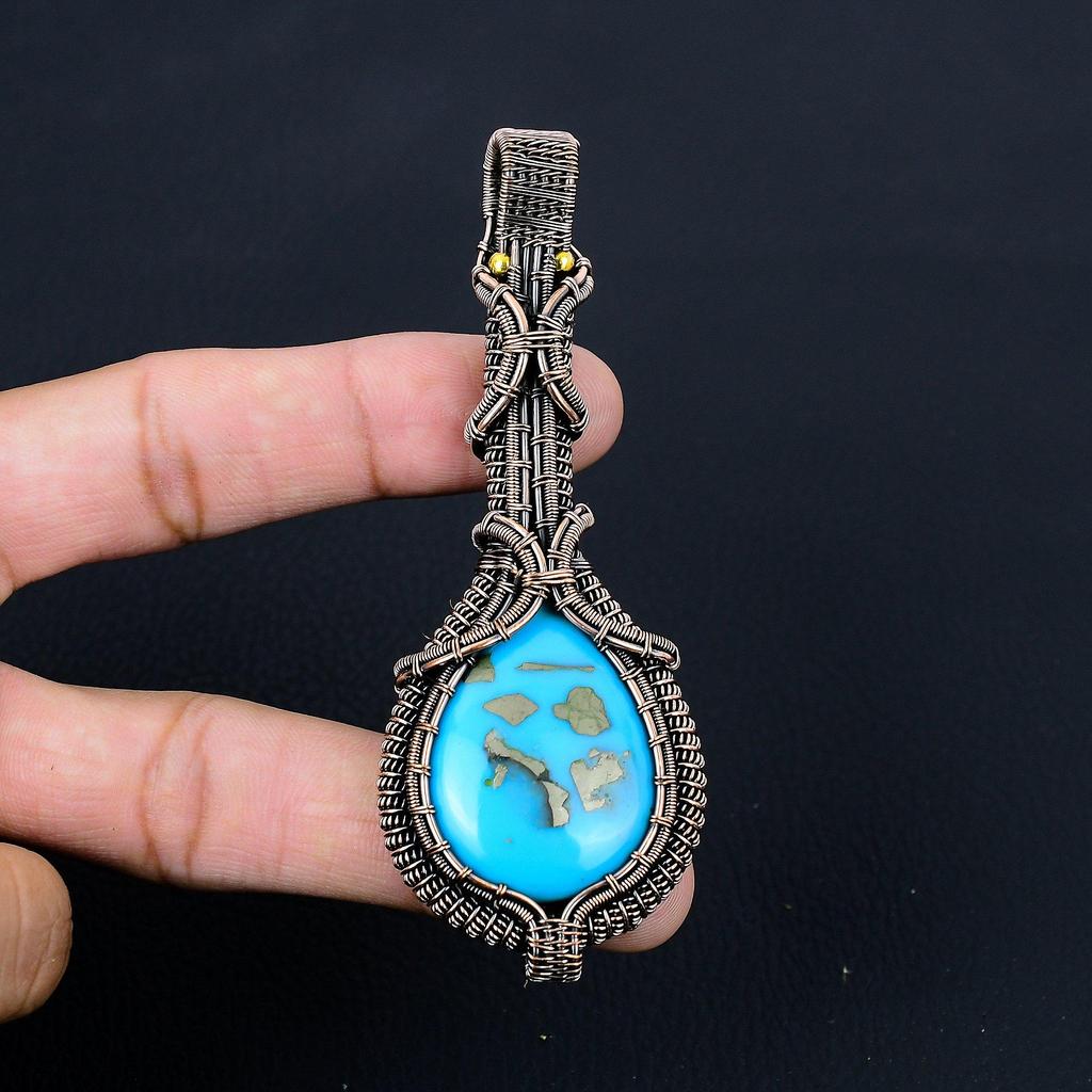 Gorgeous Turquoise Gemstone Pure Copper Wire Wrapped Handmade Pendant Jewelry
