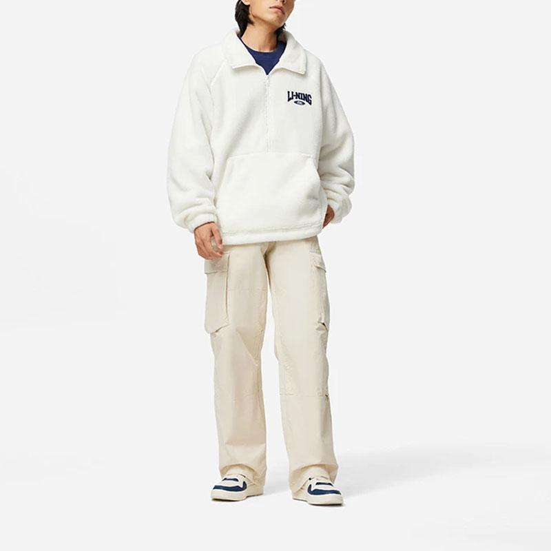 Li Ning Sports Lifestyle Series Letter Logo Printed Fleece Warm Sweatshirt Unisex Sweatshirt Off-White AWDTB53-1