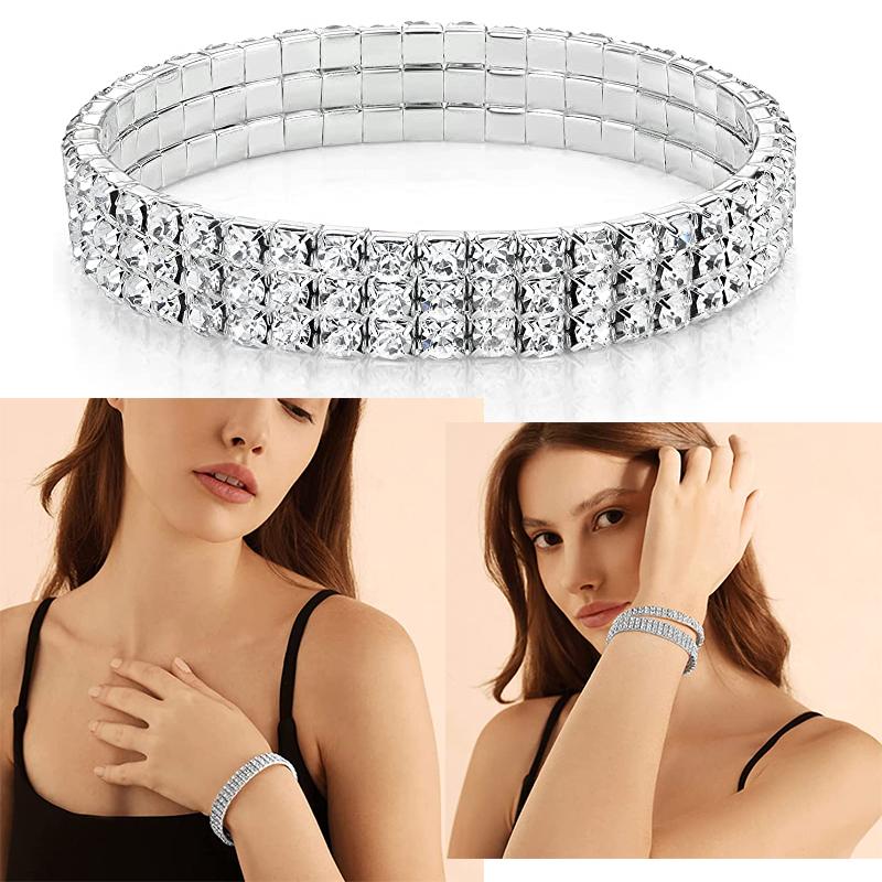 Wedding Elastic Rhinestone Stretch Bracelets,Twinkle Diamond Tennis Bangle,Band Silver Crystal Sparkling Bridal Stackable Bracelet