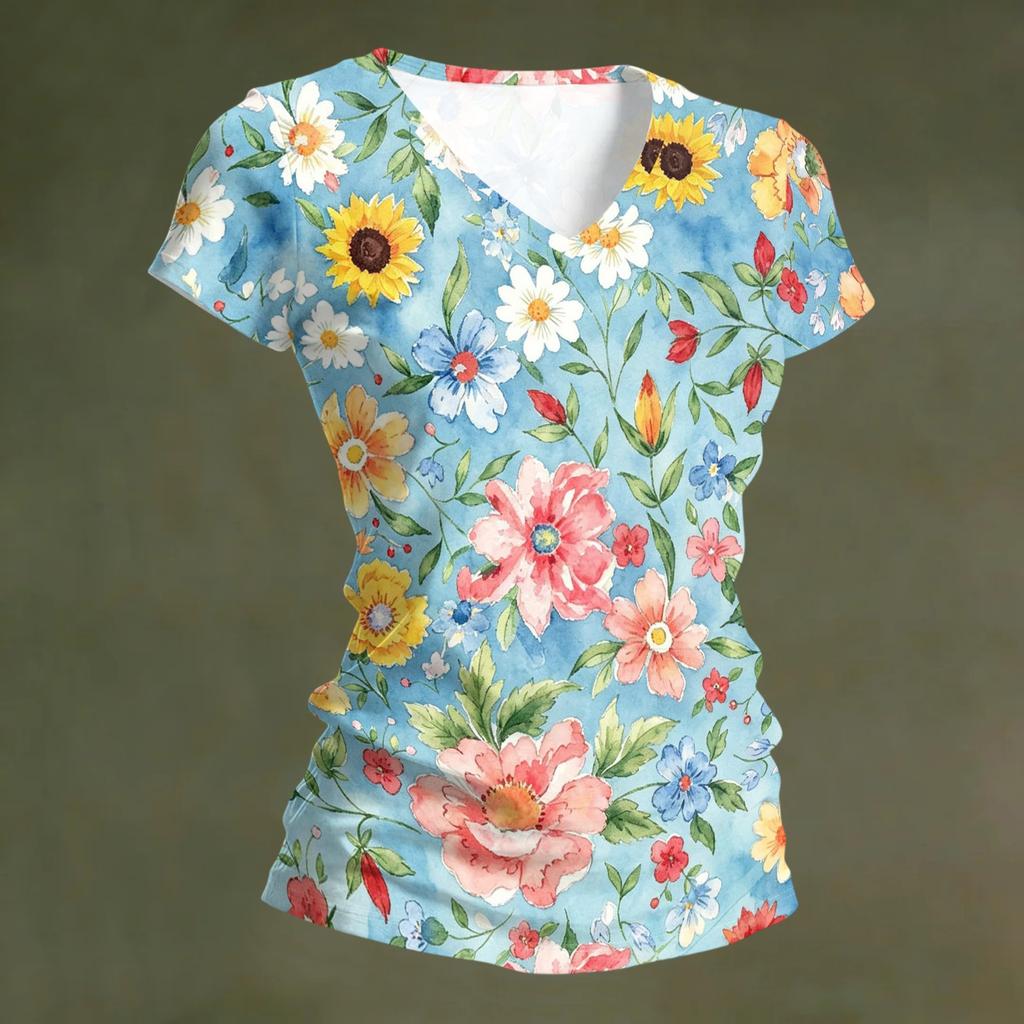 Women’s Casual V Neck Short Sleeve T Shirt Top with Floral Print Relaxed Fit Soft Lightweight Fabric for Everyday Wear