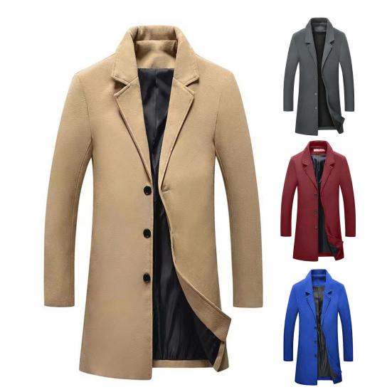 Męski trencz jesienno-zimowy Gruby, długi rękaw, kołnierzyk Slim Fit, wiatroszczelny, jednokolorowy, jednorzędowy, guziki średniej długości, męska marynarka formalna